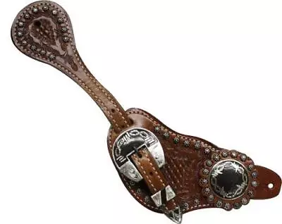 Showman Men's Tooled Leather Spur Straps W/ Silver Engraved Barbed Wire Conchos • $33.95