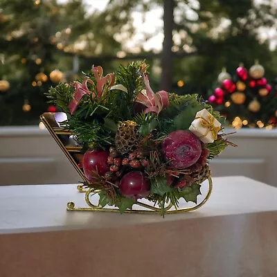 Holiday Centerpiece Christmas Sleigh W/faux Floral Arrangement & Presents • $25.49