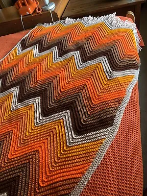 Vtg Zig Zag Granny Crochet Afghan~orange Chevron Fringe-Mid Century Missoni Look • $50