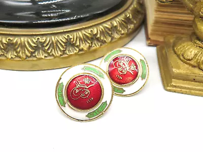 Vintage Signed Coro Red White Green Enamel Screw Back Earrings L44 • $16.99