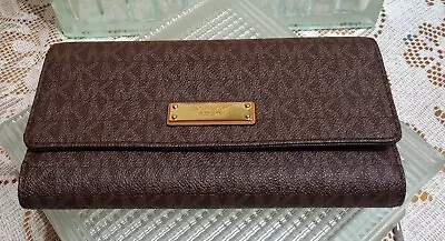 Michael Kors Signature Womens Trifold Checkbook Wallet Brown Logo Pre Owned • $39.99