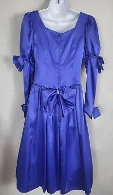 Vtg 80s Royal Blue Puffy Sleeve Prom Party Dress Size M Handmade Bows And Bling • $54.99