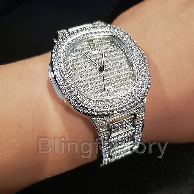 Men's Hip Hop Silver Plated Lab Diamonds Iced Bling Luxury Metal Band Watch • $27.99