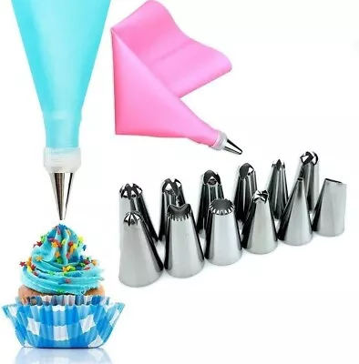 Cake Decorating Equipment 14 Pieces Icing Decoration Kit Piping Nozzle + Silicon • £3.99