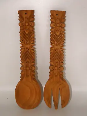 Vintage Hand Carved Wooden Spoon & Fork Decorative Hanging Intricate Design • $22