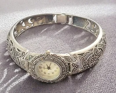 Vintage Ladies .925 Sterling Silver Marcasite Quartz Cocktail Watch • £20.31