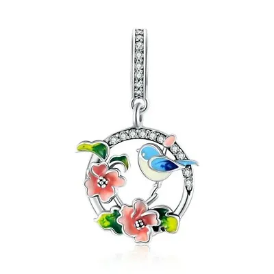 $27.99 • Buy SOLID Sterling Silver Vibrant Blue Bird Flowers Charm Pendant -YOUnique Designs