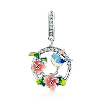 $27.99 • Buy SOLID Sterling Silver Vibrant Blue Bird Flowers Charm Pendant -YOUnique Designs