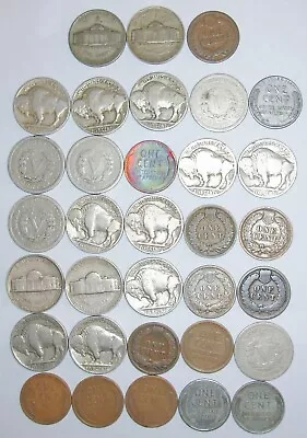 $1.25 • Buy Mixed Lot 33 Coins - Indian Head, Buffalo Nickel, Liberty V, War Nickels, BU ++