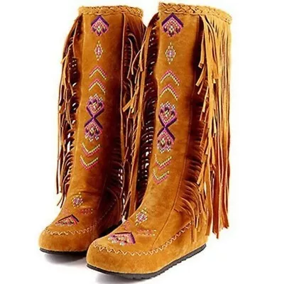 Women's Embroidered Indian Moccasins Knee High Boot Tassels Shoes Boots • $71.09