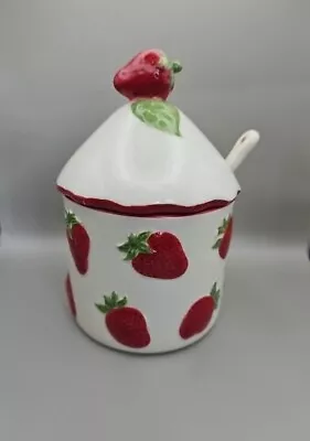 Strawberry Jam & Sugar Hand Painted Pot With Lid And Spoon • £9.99
