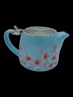 Baby Blue Ceramic Teapot 20oz With SS Infuser Strainer Pink Cherry Blossoms EUC • £17.37