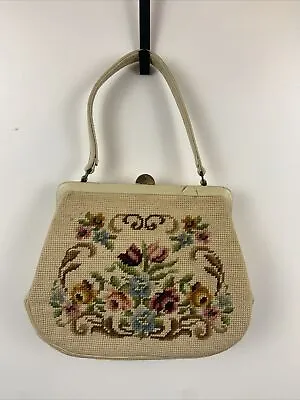 Vintage Needlepoint Purse Handbag Floral Rose Design 11  X 9  X 3 1/2  • $24.95