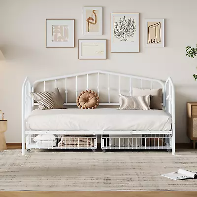 Twin Size Stylish Metal Daybed With 2 Drawers White 06AAK • $110.89