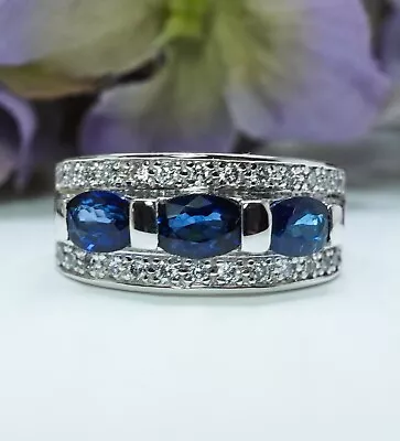 Vintage Ceylon Sapphire Diamond 3 Stone Band Ring 14K White Gold Heavy Estate • $1499