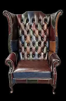 Large Chesterfield Highback / Taller & Wider Queen Anne Antique Patchwork Chair • £845