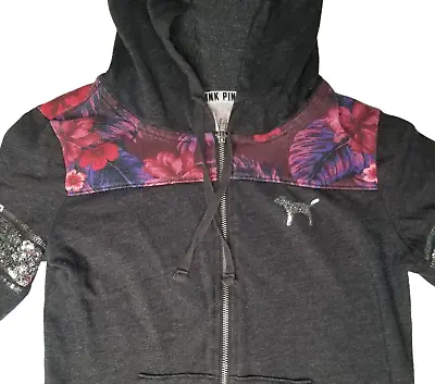 PINK VS Victorias Secret Sequin Bling Hoodie Full Zip Gray Floral Flower XS • $15.99