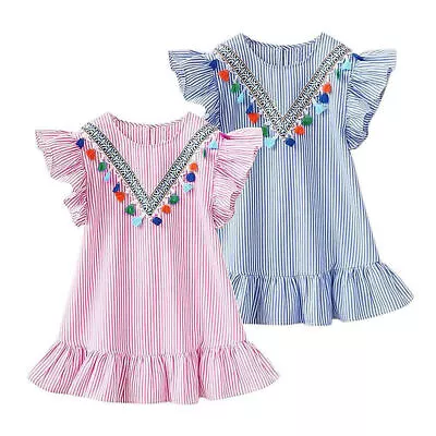 Kids Girls Summer Striped Ruffle Mini Dress Tassel V Neck Holiday Party Sundress • $18.71