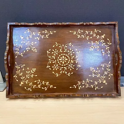 VINTAGE Inlaid Geometric Light Wood Handled Serving Bar Tray Mid Century 1970s • $59.99