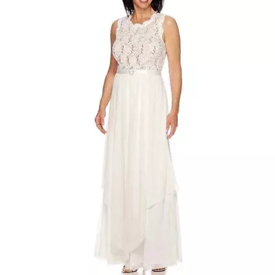 NWOT! Gorgeous R&M Richards Women's White Sequin Lace Chiffon Tier Gown Dress 14 • $100