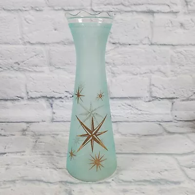 Vintage Bartlett Collins Pebbled Frosted Teal Glass Vase Atomic Gold Starburst • $26.99