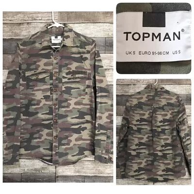 Topman Camo Button Up Shirt Men’s S Green Brown 100% Cotton Casual • $21.99