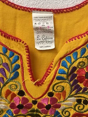 Mexican Embroidered Dress Womens M/L Yellow Floral V Neck Traditional • $9.99