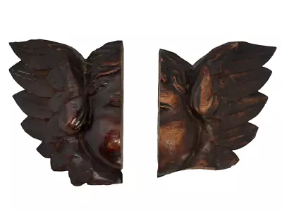 17TH Antique PAIR French Carved Cherub Angel Head Walnut Wood Ornament Wings #2 • $250