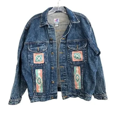 Vintage BNS Mens Acid Wash Aztec Embroidered Denim Jacket L 100% Cotton • $24.40