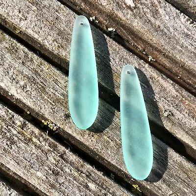 £4.75 • Buy 2 Pieces Cultured Sea Glass Long Teardrop Beads Drilled -  38x10mm Autumn Green