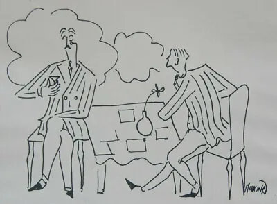 Signed Vintage Ink Drawing Two Men At Table With Striped Blazers Martini Monocle • $31.05