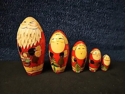 VINTAGE Russian Santa Claus Christmas Wooden Nesting Dolls 6 Pieces Handmade • £21.69