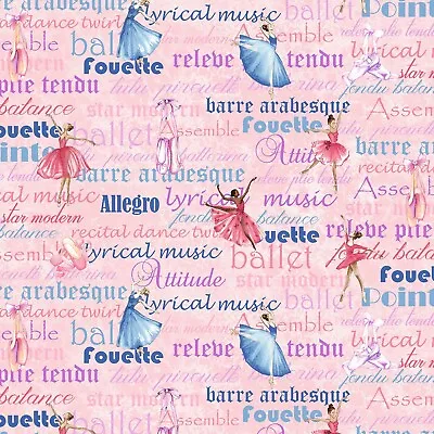 BTHY Henry Glass Ballerina Tiny Dancer & Words Pink Cotton Fabric By Half Yard • $6.25