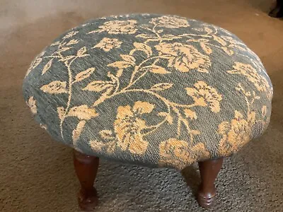 Vintage Round Padded Upholstered Blue & Beige Floral Wood Legs Foot Stool 13” • $33.50