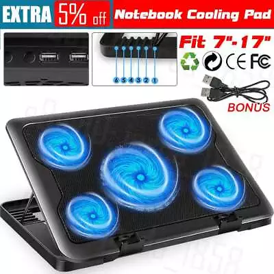 Laptop Cooling Pad 2 USB 5 Fan Gaming Led Light Notebook Cooler For 7-17inch • $25.45