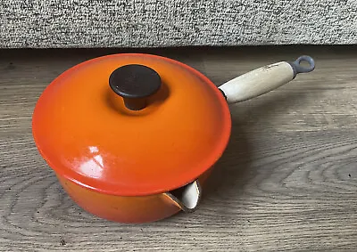 Le Creuset Volcanic Orange 18cm Cast Iron Saucepan- Wooden Handle Kitchen Design • £5.99