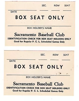 PCL Sacramento Solons Two 1950s Box Seat Tickets Sacramento Baseball Club • $5