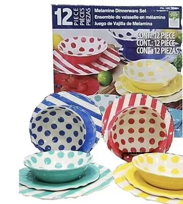 NEW!! 12 Piece Melamine Dinnerware Set Colorful Polka Dots Stripes Solid Sturdy • $37.99