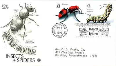 Velvet Ant & Monarch Caterpillar - Insects & Spiders 1999 Pcs Cachet Fdc • $1.40