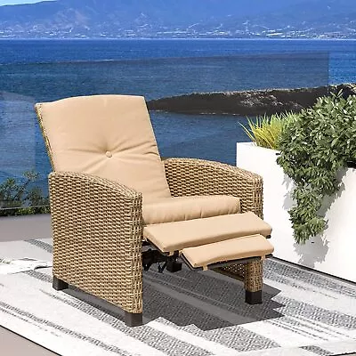 Domi Outdoor Recliner All-Weather Wicker Reclining Patio Chair Khaki Cushions • $246.99