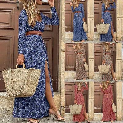 WomensV Neck Boho Floral Long Shirt Dress Ladies Casual Holiday Party Sundress • £11.89