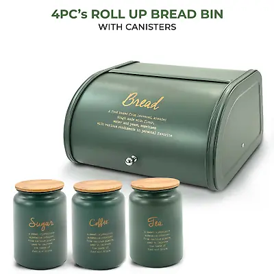 4PCs Metal Bread Bin Storage Box Canister Set Fitting Lid Tea Coffee Sugar Jar • £18.85