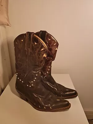 £50 • Buy Authentic Sancho Cowboy Calf Length Boots With Over Buckles Size UK 4 BROWN