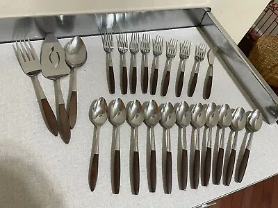 VTG Ekco Eterna Japan Stainless And Wood Flatware Set Of 23 • $85