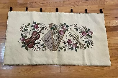 Vintage Needlepoint Tapestry With Musical Instrument Floral Design Wall Hanging • $68