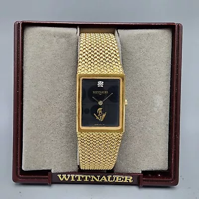 VTG Wittnauer Tank Watch Men 22mm Gold Tone Black Dial Rectangle New Battery • $74.99