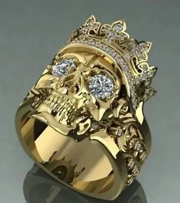 Men's Skull Halloween Ring 14K Yellow Gold Plated Silver 3Ct Lab Created Diamond • $132