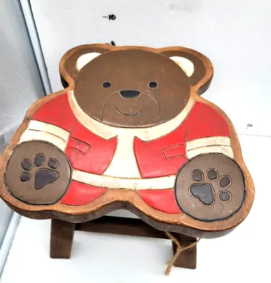 Vintage Sturdy Wooden Child  Step Stool Santa  Bear / Foot Stool • $32