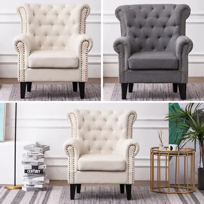 Chesterfield Wing Back Queen Anne High Back Fireside Armchair Sofa Chair Fabric  • £199.95