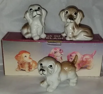 VTG Dachshund Puppy  Figurines Porcelain Hand Painted NOS Set Of 3 With Box NV4 • $20.50